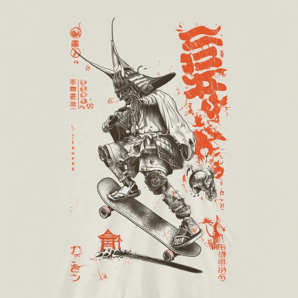 A stylized illustration depicts a samurai skateboarding.  The samurai, clad in weathered armor, performs a trick mid-air above a miniature Japanese temple.  Skulls and Japanese kanji characters surround the figure, creating a blend of traditional and modern aesthetics.  The overall tone is gritty and detailed, with a sepia-toned color palette. The design suggests a rebellious spirit infused with historical Japanese imagery.