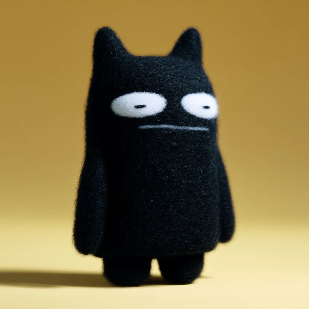 A small, black, felt creature stands against a pale yellow background.  It has simple, white oval eyes and a flat, straight mouth, giving it an apathetic expression.  The figure is somewhat rectangular with small, pointed ears. Its texture appears soft and plush.