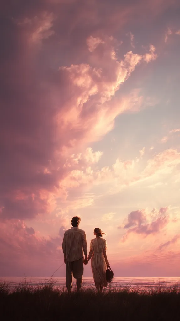 Silhouetted against a breathtaking sunset, a couple stands hand-in-hand on a grassy dune overlooking a calm ocean.  The sky is ablaze with vibrant pink and orange hues, creating a romantic and serene atmosphere.  The woman carries a small bag, and they appear to be lost in the beauty of the moment.  The image evokes feelings of love, peace, and tranquility.