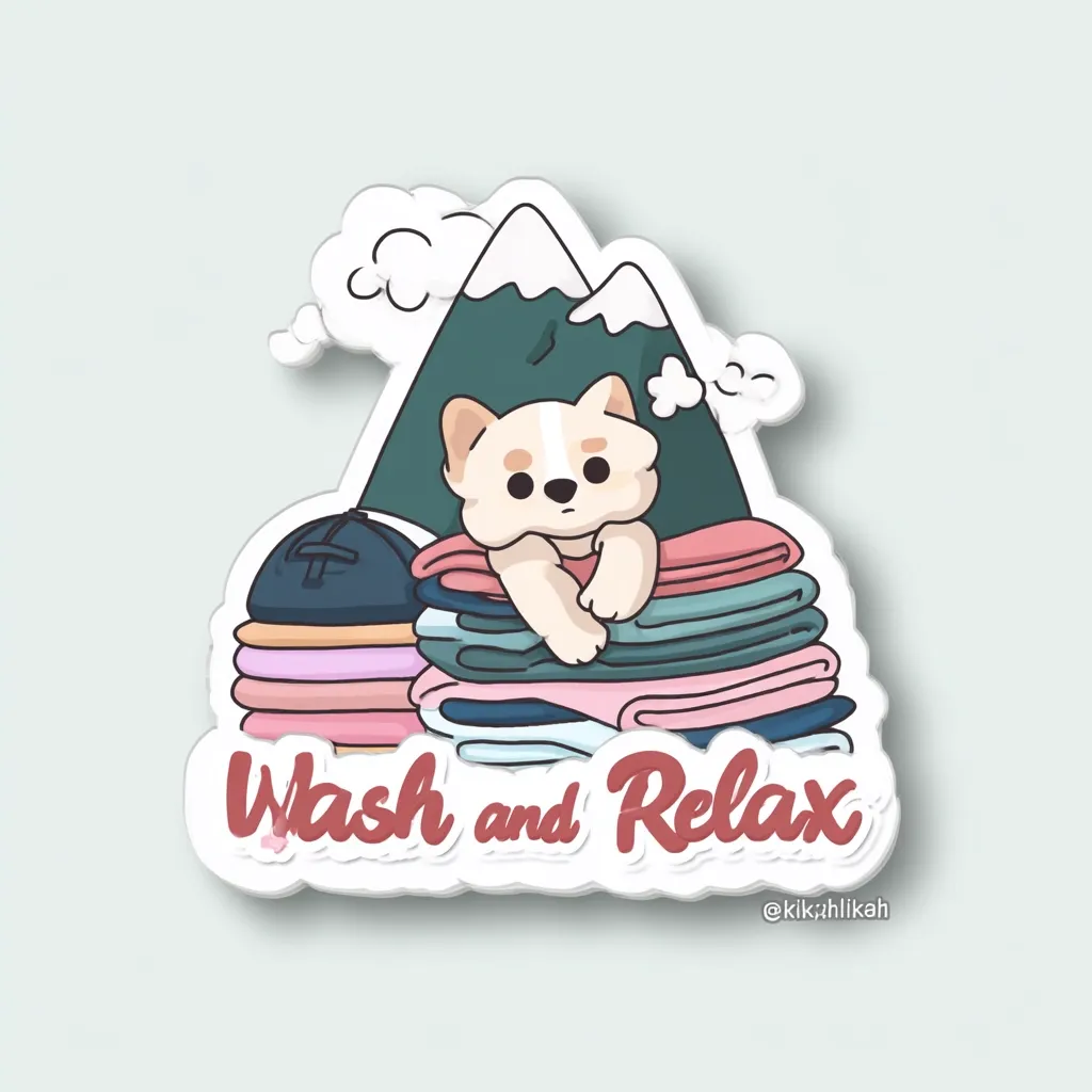 A cute cartoon dog sits atop a stack of folded laundry in front of a stylized mountain range. The scene is framed by a sticker design, with the text "Wash and Relax" prominently displayed beneath the dog and clothes.  The overall style is pastel and whimsical, suggesting a calm and relaxing atmosphere.  A small artist signature is visible at the bottom.