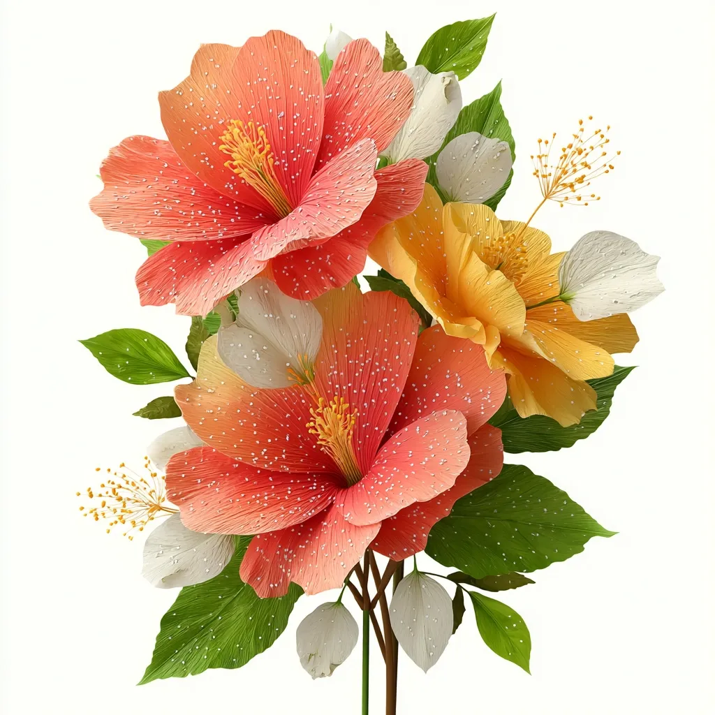 A vibrant bouquet of meticulously crafted paper flowers.  Two prominent coral hibiscus-like blooms are the centerpiece, complemented by a golden yellow flower and delicate white blossoms.  Green paper leaves and sprigs add to the lush, detailed composition, creating a striking and artificial floral arrangement against a white background.  The fine details give the impression of dew or sparkle on the petals.