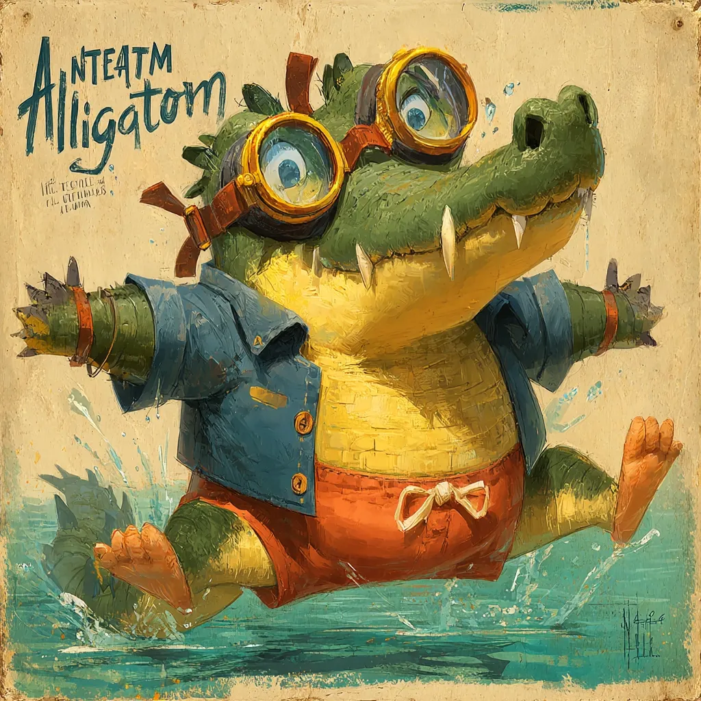 A whimsical illustration depicts an alligator wearing goggles, a denim jacket, and red swim trunks, splashing in turquoise water.  The title "Anteatm Alligator" is playfully stylized above.  The image has a vintage poster feel with a textured, aged background, suggesting a carefree, summery vibe. The alligator's expression is cheerful and playful.