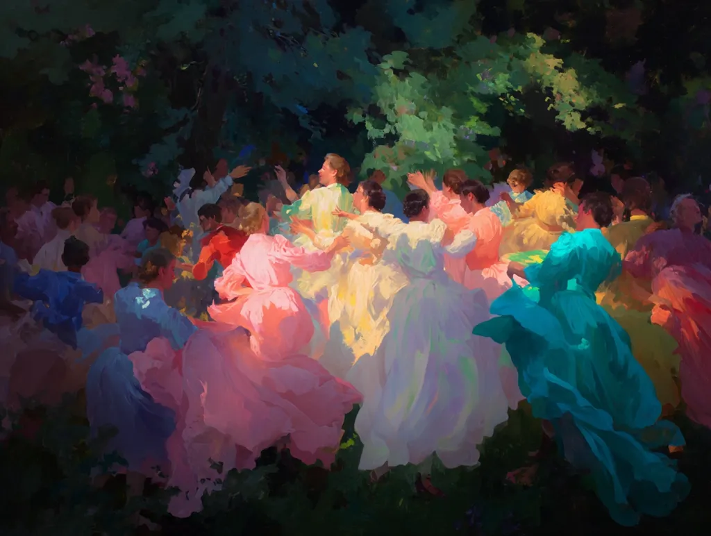 A vibrant, impressionistic painting depicts a lively group dance under dappled sunlight filtering through lush foliage.  Women in flowing pastel dresses of pink, blue, yellow, and white twirl and sway, their movements blurred with energy. The scene is rich in color and texture, capturing a fleeting moment of joyful movement and community.  The dark green background enhances the brightness of the dresses and the light's effect on the dancers.