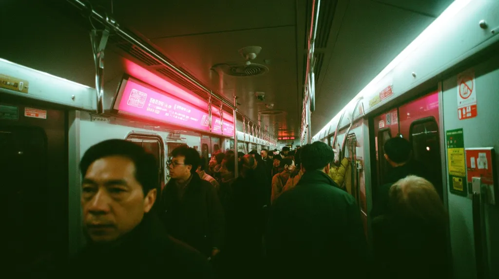 A dimly lit subway car, crowded with passengers.  Fluorescent lights illuminate the interior, casting a greenish hue.  Pink LED signs are visible above the doors.  The image focuses on a man in the foreground, his face partially obscured by shadows.  Other passengers are tightly packed together, creating a sense of urban density and anonymity.  The overall atmosphere is one of quiet movement and transit.
