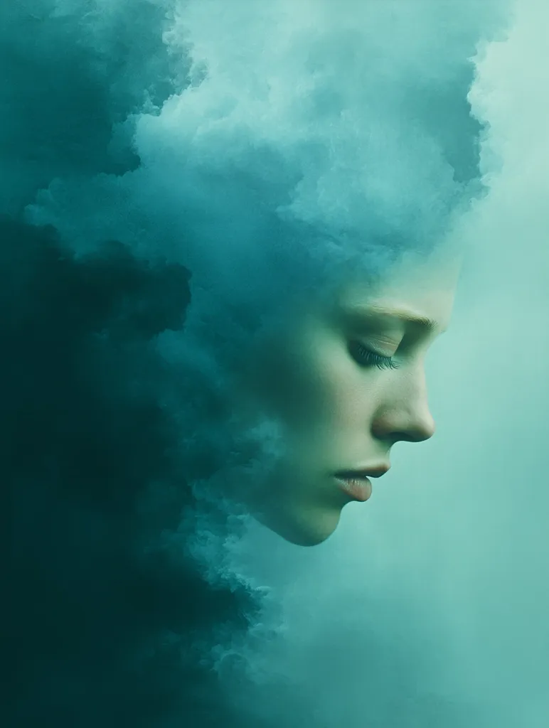 A surreal portrait of a woman's face partially obscured by teal-colored clouds.  The image evokes a sense of mystery and introspection. The woman's profile is visible, her eyes closed, suggesting contemplation or sadness.  The blend of human form and ethereal clouds creates a dreamlike and moody atmosphere. The overall effect is artistic and evocative of hidden emotions.