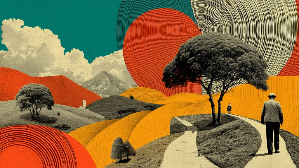 A surreal landscape unfolds, featuring stylized hills in oranges and yellows, a volcanic mountain in the distance, and a winding path.  Two figures walk towards each other on this path, framed by a large, dark tree.  The sky is teal, accented by cream-colored clouds and large, concentric circular patterns in red and beige, creating a dreamlike atmosphere.  The overall style is a vibrant collage, blending realism and abstraction.