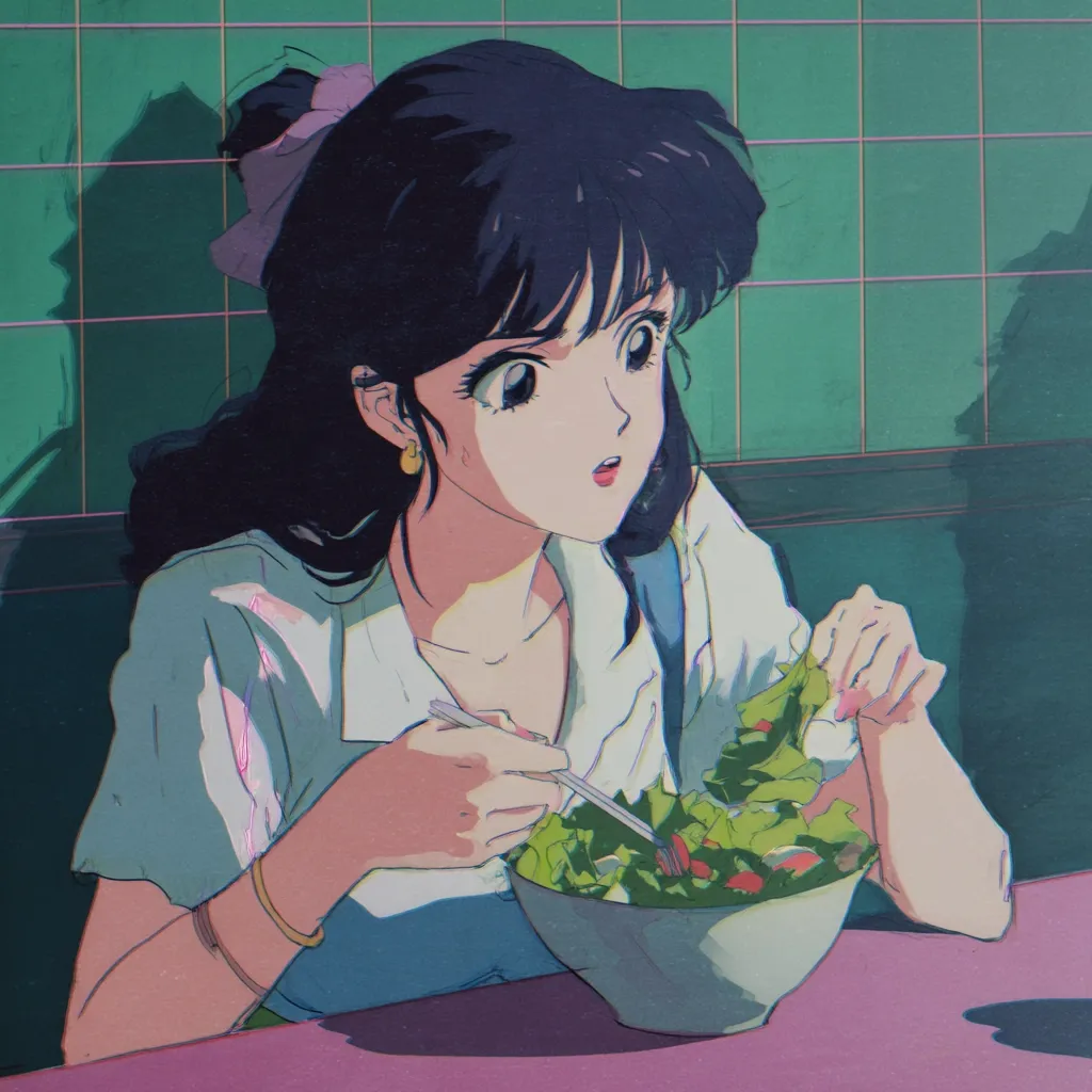 An anime-style illustration depicts a young woman with dark hair styled in a half-updo, wearing a light-colored collared shirt and gold bracelets.  She sits at a table in a teal-tiled room, attentively eating a bowl of salad with chopsticks. The art style evokes a nostalgic, 80s or 90s aesthetic, with soft, muted colors and a slightly hazy quality.  The overall mood is calm and peaceful.
