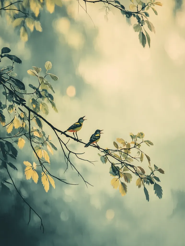 Two small, vibrant birds perch on a slender tree branch, their beaks open in song.  The branch, adorned with delicate, yellow-tinged leaves, extends against a soft, muted background of misty greens and blues.  The overall impression is one of serenity and peaceful coexistence within a tranquil natural setting.  The image evokes a sense of calm and quiet beauty.