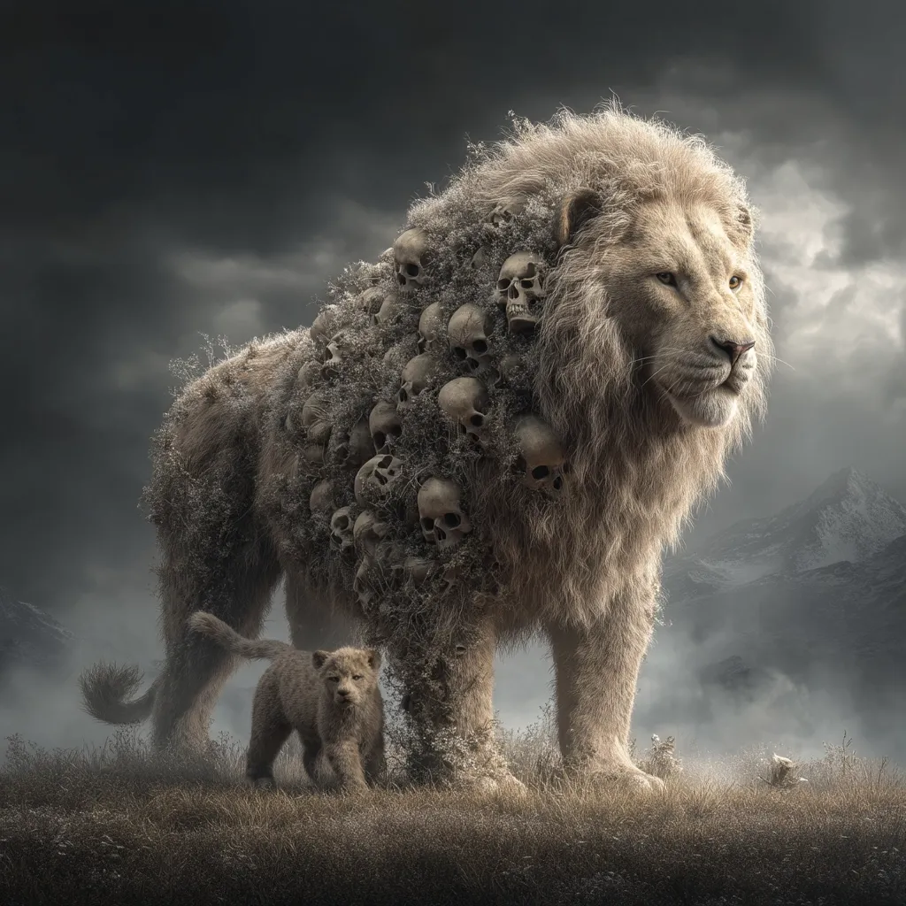 A majestic, large lion with a mane interwoven with numerous skulls and withered plants stands in a misty landscape.  A small lion cub walks nearby. The dark, stormy sky and mountainous background enhance the image's somber, powerful atmosphere. The scene evokes themes of death, power, and legacy.