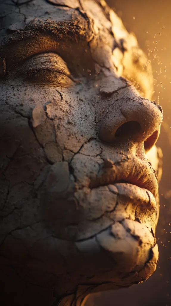 A close-up shot reveals a face seemingly sculpted from cracked, dried earth.  The texture is rough and deeply fissured, suggesting age or hardship.  Eyes are closed, and the mouth is slightly parted.  Golden light illuminates the scene, adding a dramatic contrast to the arid texture of the face, creating a powerful and evocative image. Dust motes dance in the light.