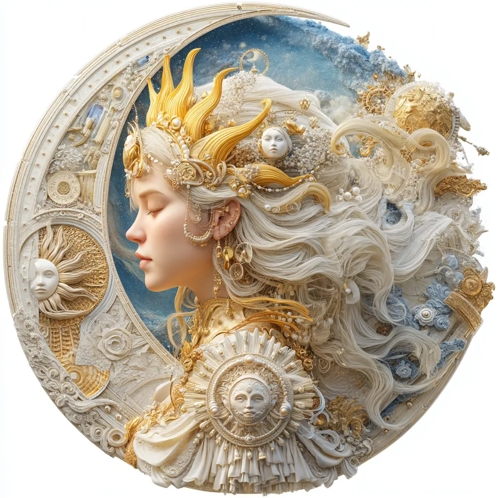 A digital artwork depicts a serene woman, profile view, adorned in a sun-shaped crown and intricate gold and white jewelry.  Her flowing blonde hair is embellished with pearls and celestial motifs.  She is framed by a circular design incorporating sun and moon imagery, set against a cosmic blue background.  The style is ornate and fantastical, suggesting a celestial deity or mythical being.