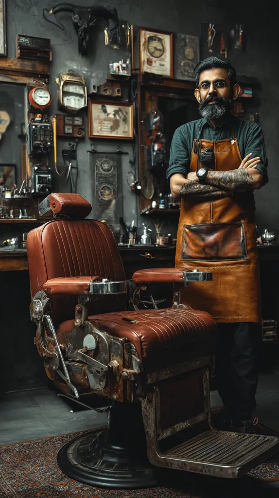 A bearded barber with tattooed arms stands proudly in his vintage barbershop, arms crossed, wearing a leather apron.  The shop is richly decorated with antique clocks, framed artwork, and various tools.  A weathered, yet sturdy, old-fashioned barber chair dominates the foreground, adding to the overall rustic charm and classic atmosphere. The scene evokes a sense of tradition and skilled craftsmanship.