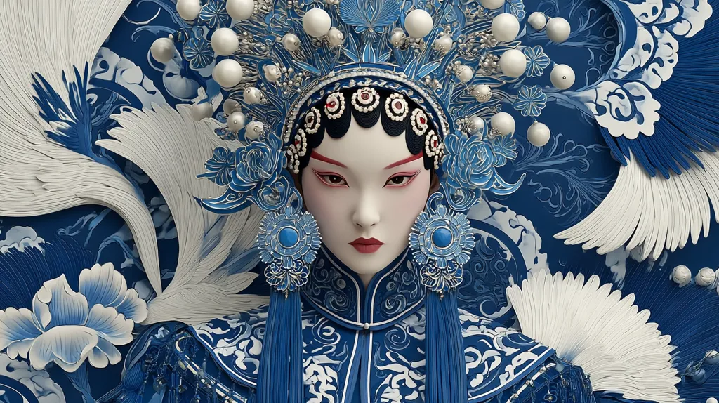 A close-up depicts a woman's face, adorned in an elaborate, ornate headdress and costume. The design features intricate blue and white patterns reminiscent of porcelain, with delicate floral and wing-like motifs. The woman's makeup is subtly applied, enhancing her serene expression. The overall aesthetic is one of refined elegance and traditional artistry, suggesting a connection to Chinese opera or a similar cultural form.