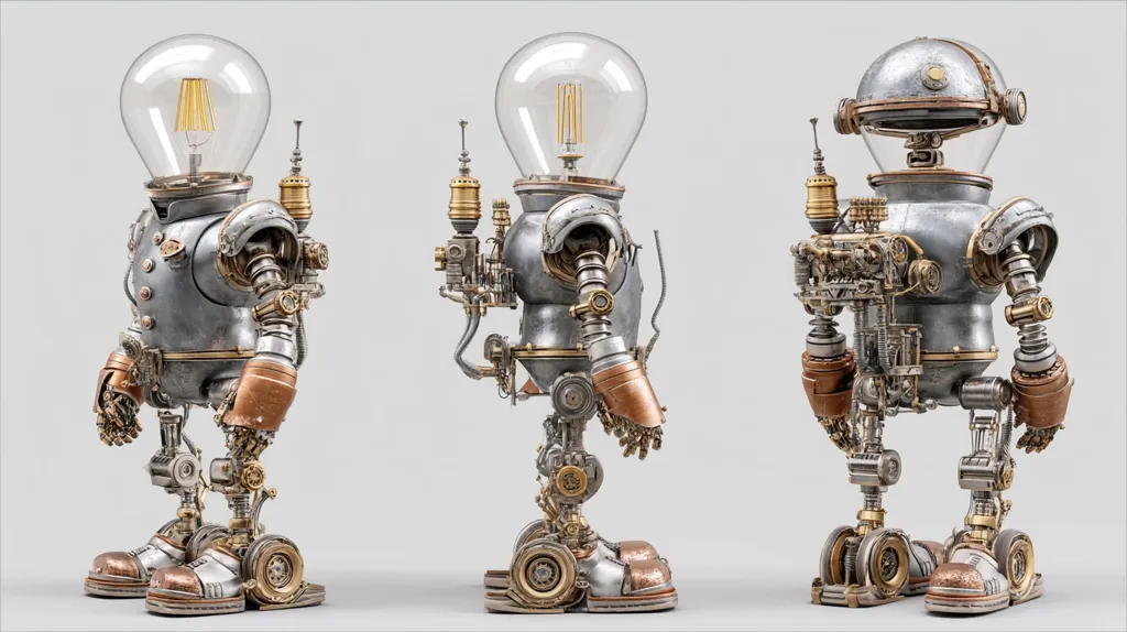 Three views of a steampunk-style robot are shown.  The robot is predominantly silver and copper, with exposed gears and visible mechanical components.  Its head is a clear glass dome encompassing a working lightbulb. The robot has a rounded body and appears to be made of metal, with intricate detailing.  The images showcase the robot from the front, side, and back.