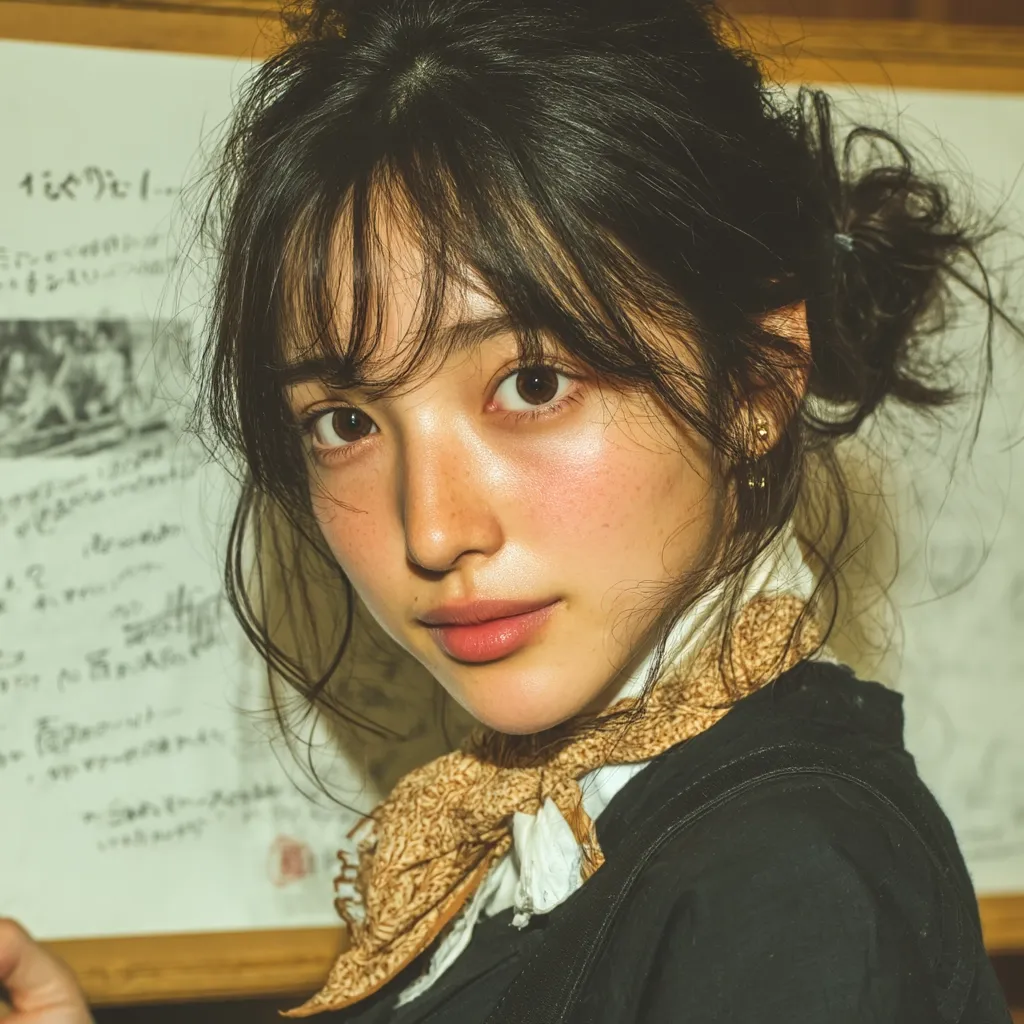Close-up portrait of a young woman with dark hair styled in a loose bun.  She has bangs that frame her face,  rosy cheeks, and subtle freckles.  She's wearing a tan patterned neckerchief and a dark jacket. The background features a piece of paper with illegible writing. Her expression is soft and engaging, creating a gentle and intimate mood.