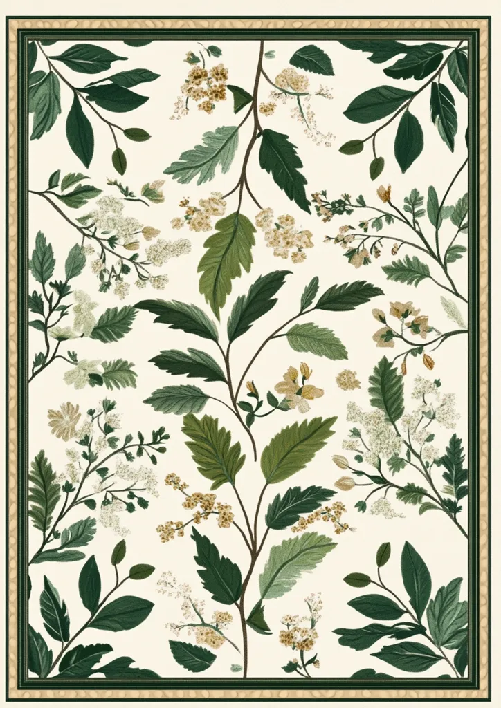A botanical illustration features a cream-colored background adorned with various green leaves and delicate flowers in shades of white and beige.  The design is symmetrical, with branches and blossoms arranged in a balanced pattern within a dark green and beige frame. The image evokes a feeling of classic elegance and natural beauty.