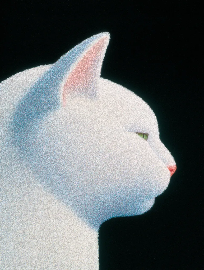 A pointillist-style portrait depicts a white cat in profile against a black background.  The cat's fur is rendered with countless tiny dots of color, creating a textured effect.  Its pink ear and green eye are subtly detailed, contrasting with the predominantly white of its body. The image is minimalist and focuses on the elegant form of the feline.