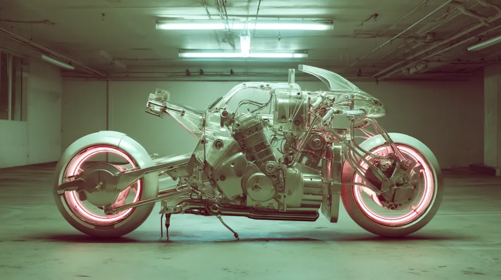 A futuristic motorcycle, seemingly constructed from transparent material, is showcased in a dimly lit garage.  Its internal mechanics are fully visible, with glowing pink accents outlining the wheels. The design is sleek and minimalist, suggesting advanced technology and a high level of engineering. The overall aesthetic is both futuristic and slightly dystopian.