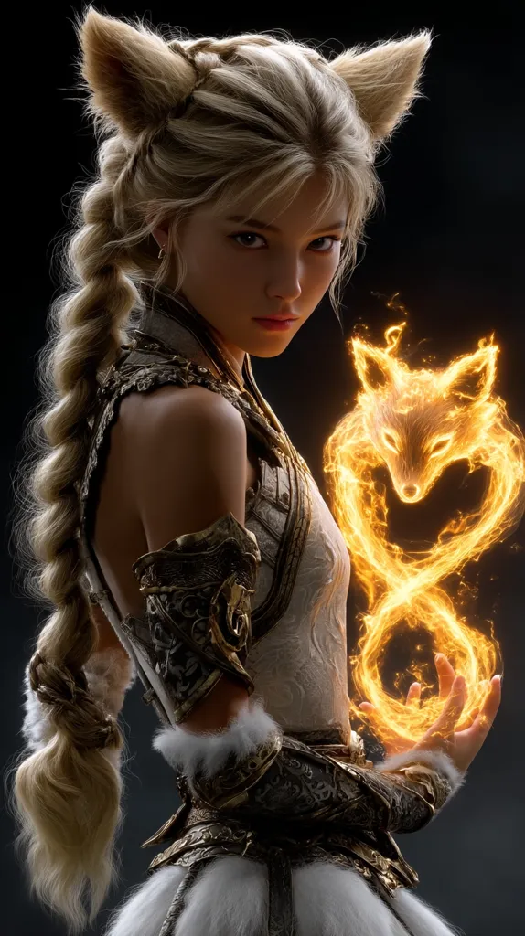 A digital painting of a fair-skinned woman with blonde hair styled in a long braid and fox ears. She wears ornate, gold-accented armor and a white fur trim.  Her hands cradle a fiery, fox-shaped swirl of energy, suggesting magical abilities. The dark background accentuates the glowing fire and her captivating gaze. The image evokes a fantasy or mythical setting.