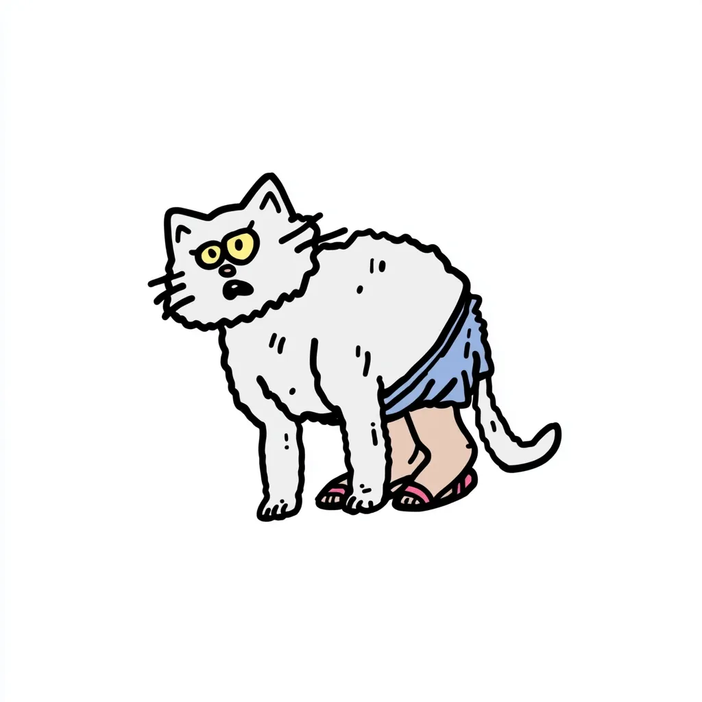 A cartoon illustration depicts a fluffy gray cat with surprised expression.  The cat is unusually depicted with human-like legs wearing sandals and short blue pants. Its body is cat-like, while its lower half is human. The style is reminiscent of a quirky, hand-drawn comic. The cat appears slightly bewildered or startled.
