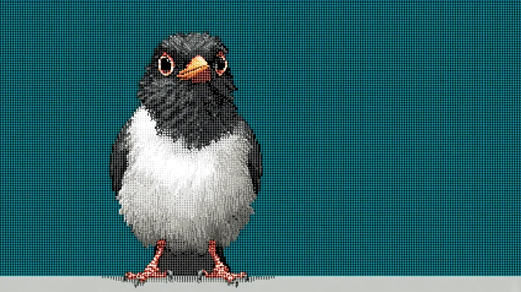 A stylized bird, predominantly black and white, is depicted against a teal background.  The bird's features are sharp and defined, appearing almost pixelated, suggesting a digital or needlepoint-like creation.  It stands upright, facing the viewer, with a small, orange beak. The background is a uniform texture, providing a stark contrast to the bird.