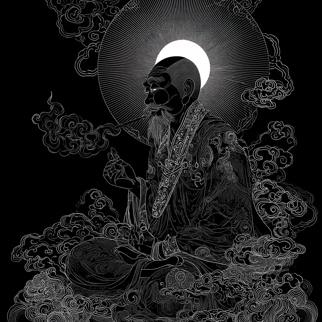 A detailed line drawing depicts an elderly Asian man, possibly a sage or deity, seated amidst swirling clouds.  He is adorned in elaborate robes, his long beard flowing.  A halo-like sunburst emanates behind him, enhancing his serene and contemplative expression.  Intricate details in his clothing and the surrounding clouds showcase meticulous artistry. The overall style suggests a blend of traditional Asian art and modern graphic design.