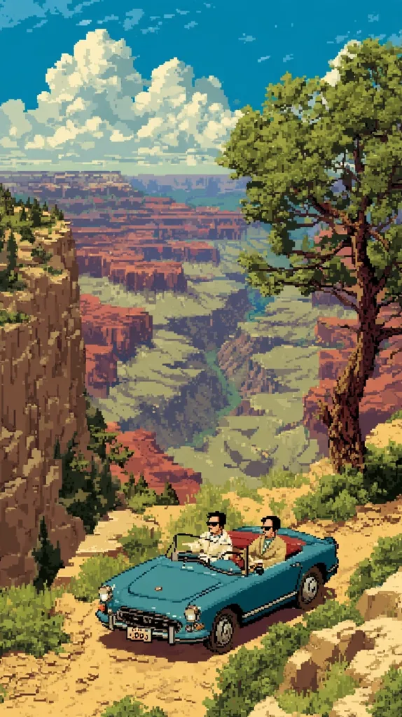 A pixel art image depicts two men in a vintage blue convertible overlooking the Grand Canyon.  The car is driving along a dusty road, perched on the edge of a cliff.  A large tree stands nearby, providing shade. The vast canyon stretches into the distance under a bright, partly cloudy sky. The scene is reminiscent of a classic road trip or adventure.