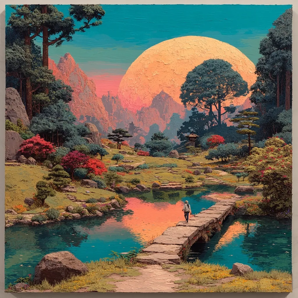 A serene landscape painting depicts a person walking across a stone bridge over a tranquil river.  Vibrant, stylized trees and flowering plants surround a calm body of water reflecting a large, orange moon and a pinkish sky.  Mountains rise in the background, creating a fantastical, almost dreamlike scene. The impasto style adds texture and depth to the artwork.