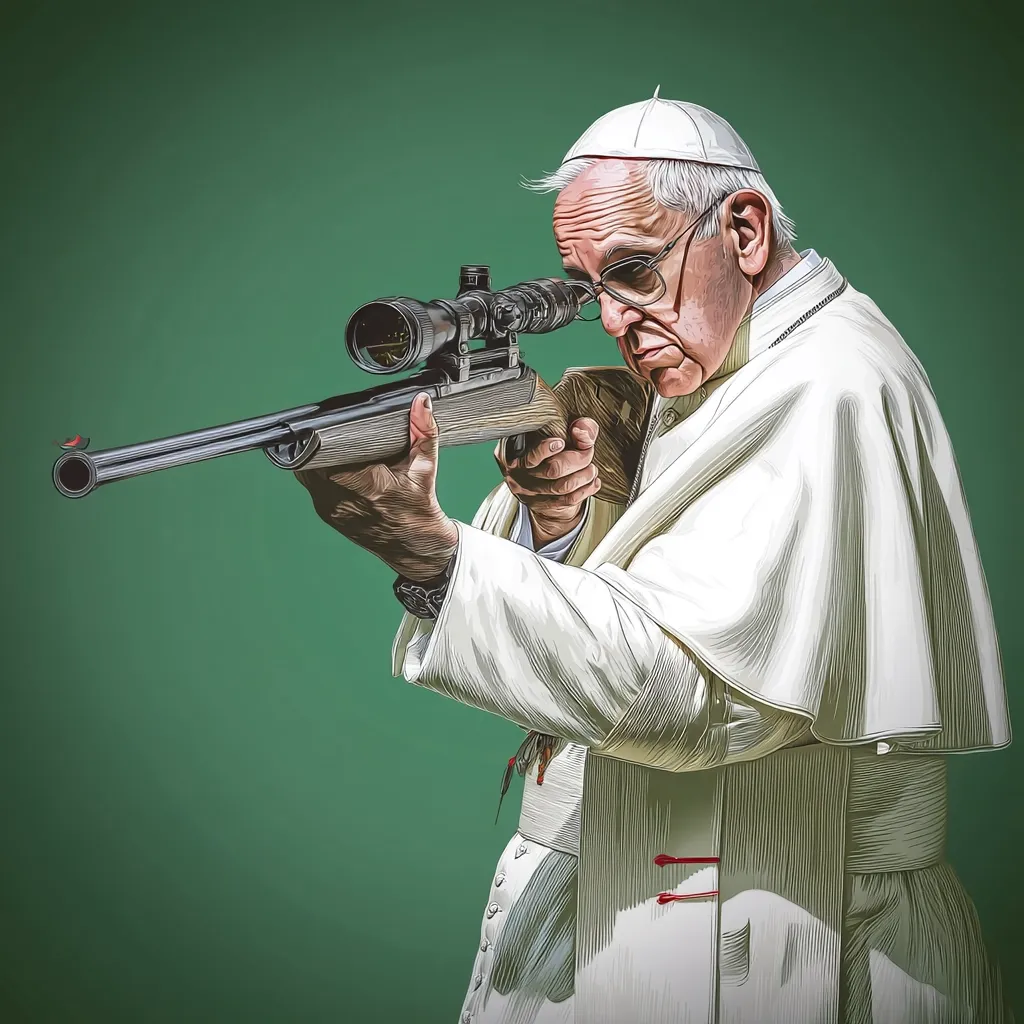 A stylized illustration depicts Pope Francis aiming a scoped rifle.  He's dressed in his papal robes, a stark contrast to the weapon. The background is a muted green, emphasizing the unexpected juxtaposition of religious figure and firearm.  The image is likely a commentary on faith, power, or the complexities of religious authority.