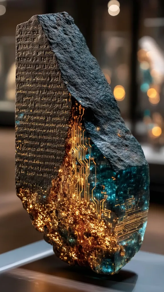 A dark, rough stone, seemingly ancient, is illuminated to reveal an intricate circuit board pattern within.  The stone's surface is etched with ancient script, suggesting a historical artifact. The glowing circuit board design contrasts beautifully with the rough texture of the stone, creating a striking visual juxtaposition of the past and the future.  The piece appears to be a unique art installation or a conceptual artwork exploring themes of history, technology, and time.