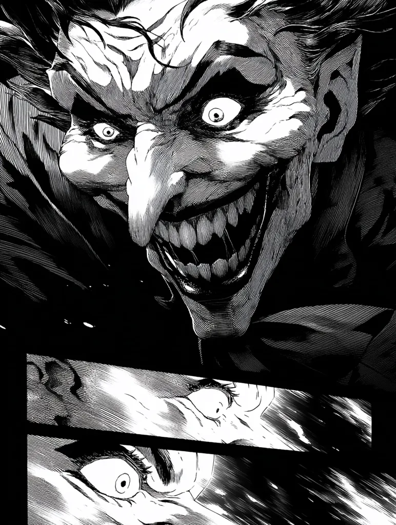 A dramatic close-up of the Joker's face dominates the image, his maniacal grin and sharp features rendered in stark black and white.  Below, smaller panels depict blurred, distressed figures, likely victims, emphasizing the Joker's menacing power. The style is reminiscent of manga or graphic novel art, with heavy use of shading and linework to create a sense of intensity and horror.