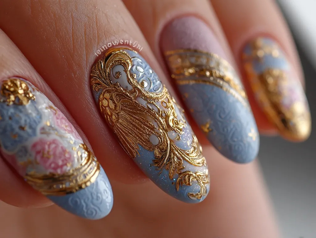 Intricate nail art features a pale blue base adorned with gold filigree designs.  One nail showcases a more prominent gold floral motif, while others display delicate gold accents and pastel pink roses. The overall aesthetic is elegant and reminiscent of antique ornamentation.  The nails are long and almond-shaped, emphasizing the detailed artistry.