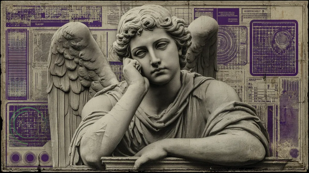 A digital artwork depicts a cherubic angel statue, rendered in grayscale, with its head resting on its hand in a contemplative pose.  The angel's wings are intricately detailed.  The statue is superimposed on a background of aged, distressed paper featuring overlaid technical diagrams and charts in shades of purple and green, creating a juxtaposition of classical art and futuristic technology.