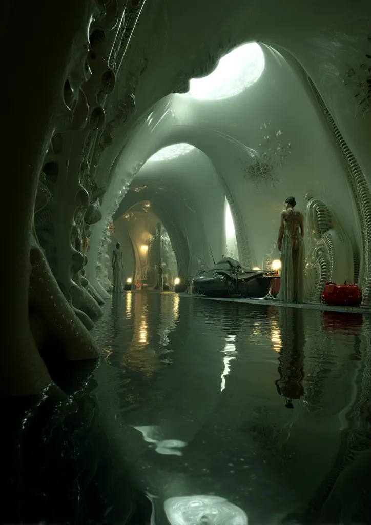 A futuristic, submerged hallway with biomorphic architecture.  Two figures in flowing white garments stand near a damaged vehicle. The walls are sculpted with organic, flowing forms, and the water reflects the muted green lighting.  The overall mood is serene yet slightly unsettling, creating an otherworldly atmosphere.