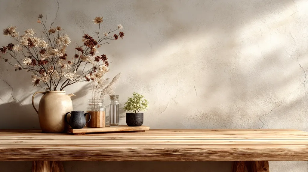 A rustic wooden table sits against a textured off-white wall, bathed in soft sunlight.  A beige pitcher filled with dried flowers is the centerpiece, accompanied by smaller glass jars and a potted plant.  Dark-colored mugs flank the pitcher, adding a touch of contrast to the overall warm, earthy aesthetic. The scene evokes a feeling of calm and natural simplicity.