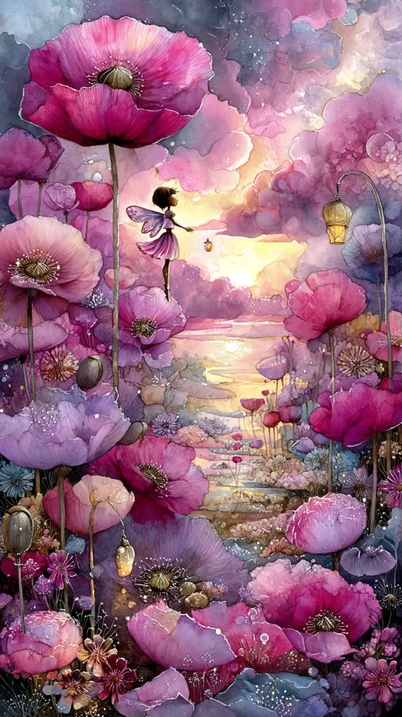 A whimsical watercolor painting depicts a fairy with wings, standing amidst a field of oversized, vibrant purple and pink poppies.  She holds a small lantern, illuminating a path leading towards a sunset over a calm body of water. The scene is dreamlike and magical, with delicate details and a soft, ethereal glow.  Small lights hang from the poppy stems, adding to the enchanting atmosphere.