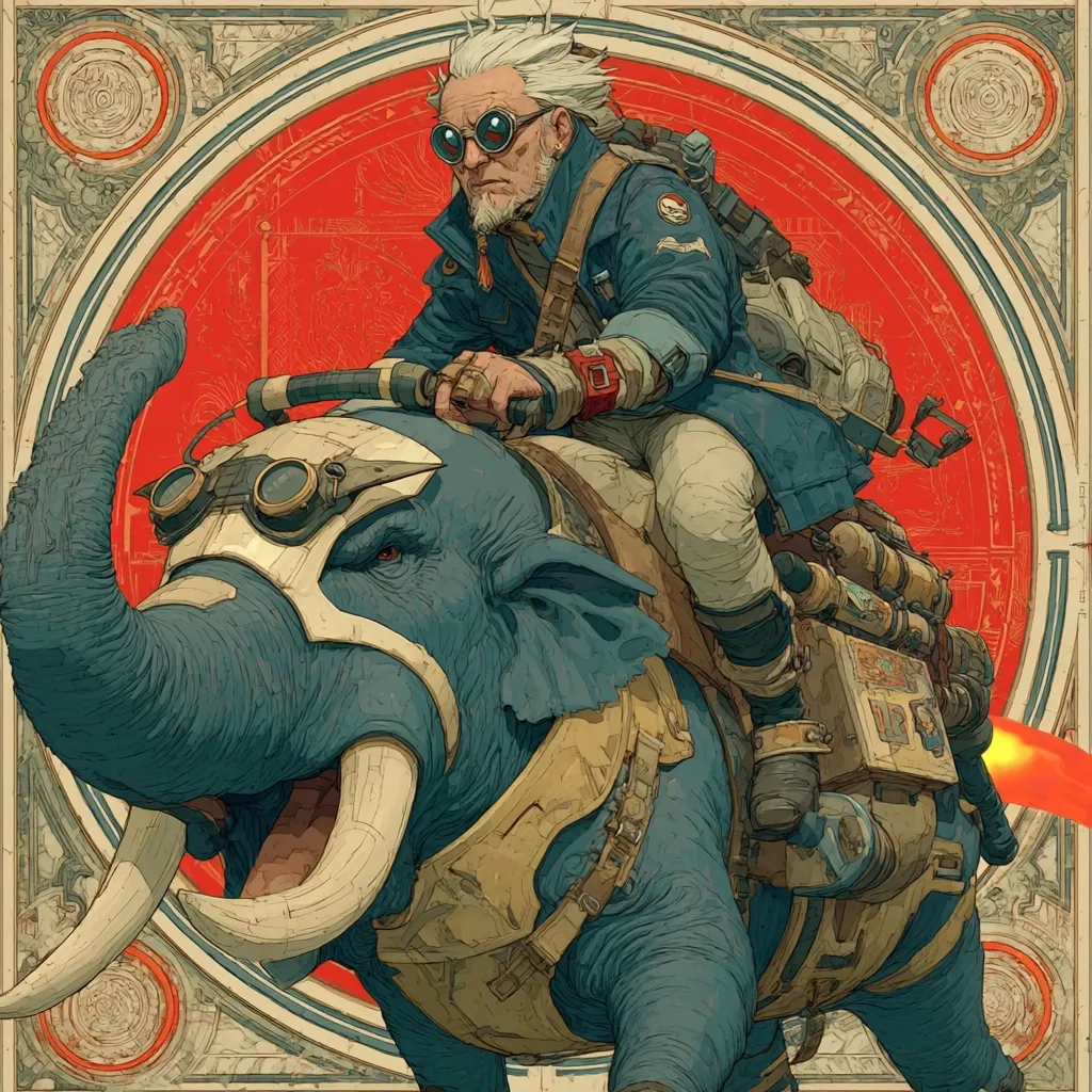An elderly, white-haired man with goggles rides a steampunk-styled elephant. The elephant is blue-grey, adorned with straps and goggles of its own, and has a jetpack attached to its back. The rider wears a blue jacket and carries a backpack.  The scene is framed by an ornate, circular design with a red background, evoking a vintage poster aesthetic.  The style is a blend of fantasy and steampunk, suggesting a fantastical adventure.