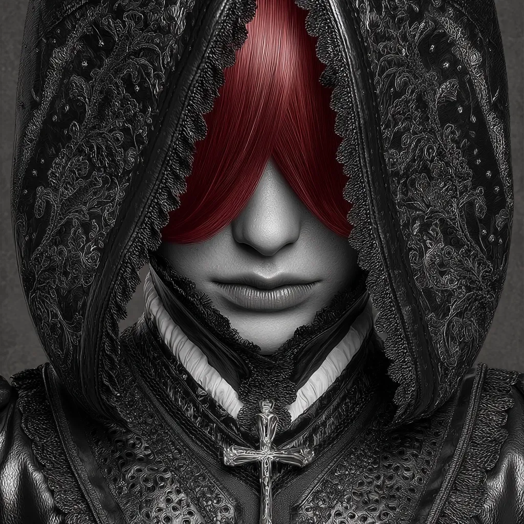 A close-up reveals a woman's face partially obscured by a dark, ornate hooded cloak.  Her vibrant red hair peeks out from beneath the hood, a striking contrast to the monochrome attire.  Intricate lace and a silver cross adorn her clothing, suggesting a gothic or religious theme. The overall image is dark, mysterious, and evocative.