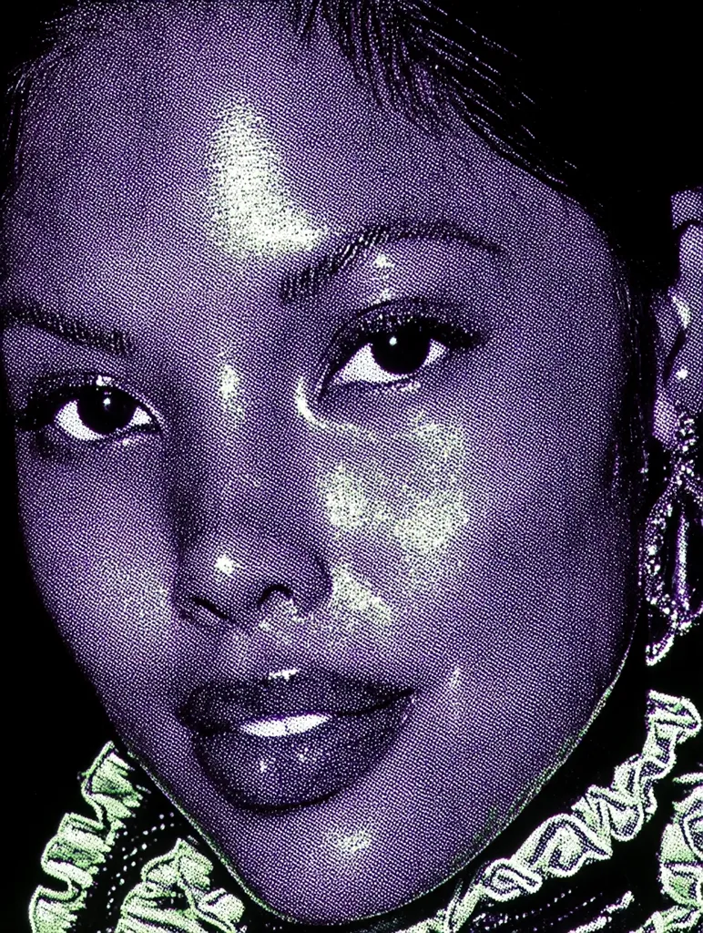 Close-up portrait of a woman, rendered in a purple, stippled style. Her expression is subtly alluring, with dark eyes and full lips.  The image has a vintage or halftone effect, emphasizing texture and creating a slightly grainy appearance. She wears a ruffled collar around her neck, adding to the overall stylized aesthetic.  The background is dark, drawing focus to her face.