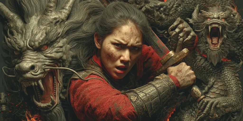 A fierce warrior woman, bloodied and determined, grips a sword amidst two menacing dragons.  Her red attire contrasts with the dark, textured scales of the mythical beasts.  The scene is intense, suggesting a battle or confrontation, the dragons possibly allies or foes. The image is dramatic and visually striking, full of detail and texture.