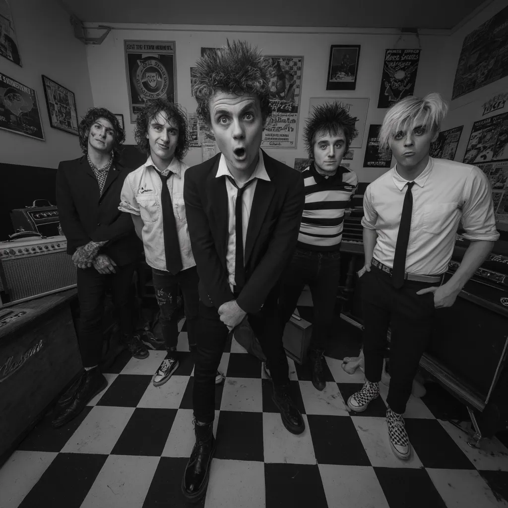 A black and white photo shows a five-member punk band posed in a room with vintage posters and musical equipment. The band members, dressed in punk attire, including ties and striped shirts, stand on a checkered floor. The central figure has a surprised expression.  The image's monochrome palette enhances the raw, energetic vibe of the punk rock aesthetic.