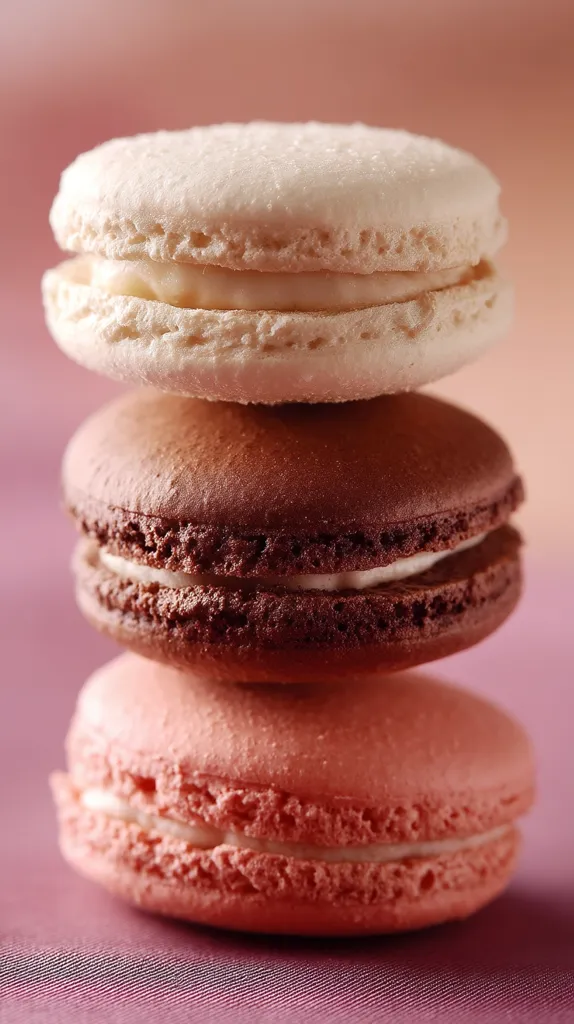 A stack of three delicate macarons sits on a mauve surface.  The top is a pale, creamy-colored macaron, followed by a rich brown chocolate macaron, and finally a light pink macaron at the base.  Each macaron is filled with a smooth, creamy filling, showcasing a delectable dessert.