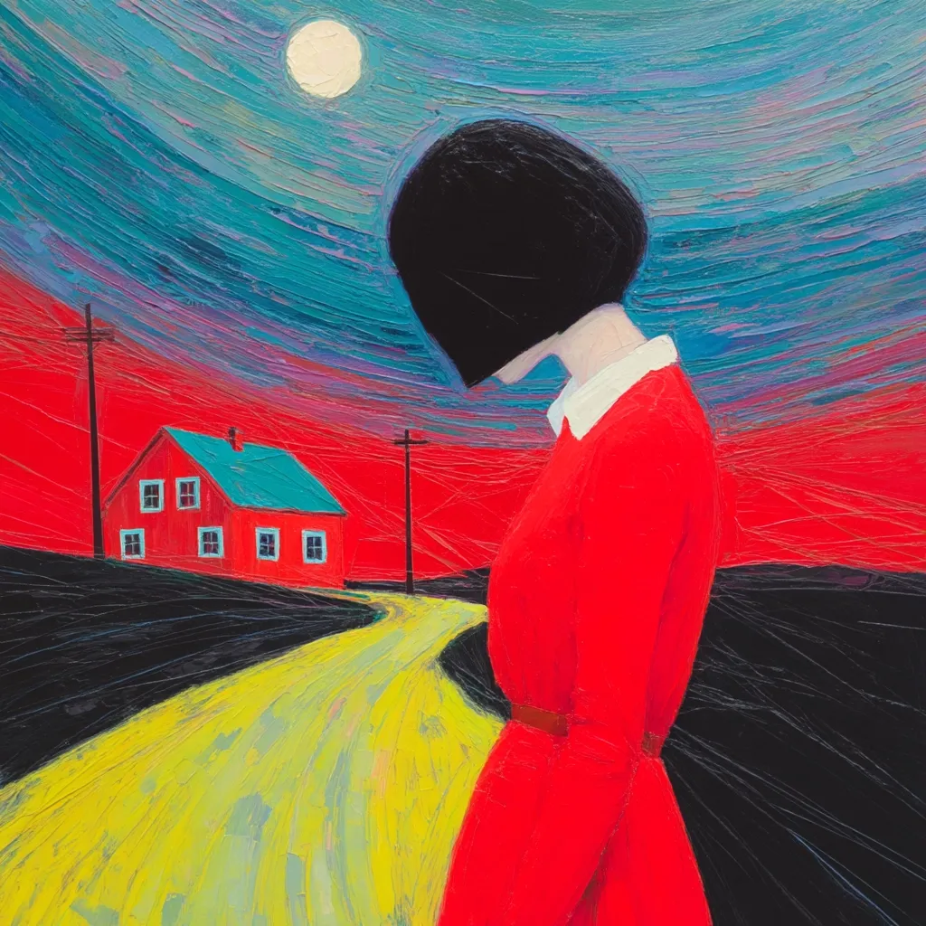 A woman in a red dress, her face obscured by black hair, stands on a yellow path leading to a small red house under a vibrant, swirling night sky.  The scene is painted with bold, textured strokes of color, creating a dreamlike and slightly melancholic atmosphere.  A full moon hangs in the sky, adding to the surreal quality of the artwork.  Utility poles line the path, grounding the scene in a rural landscape.
