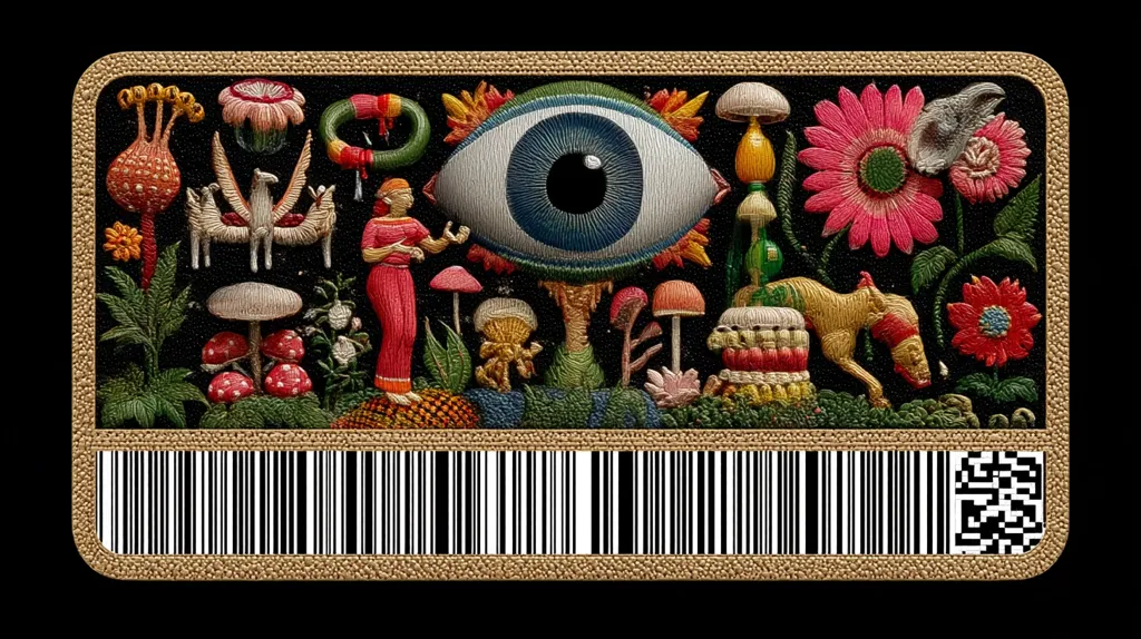 A vibrant, rectangular artwork resembling a gift card features a large, intricately embroidered eye at its center.  Surrounding the eye is a whimsical array of embroidered flora and fauna, including mushrooms, flowers, animals, and a stylized human figure. The detailed design sits atop a barcode and a QR code, creating a unique and visually striking piece.  The overall aesthetic is rich with texture and color.