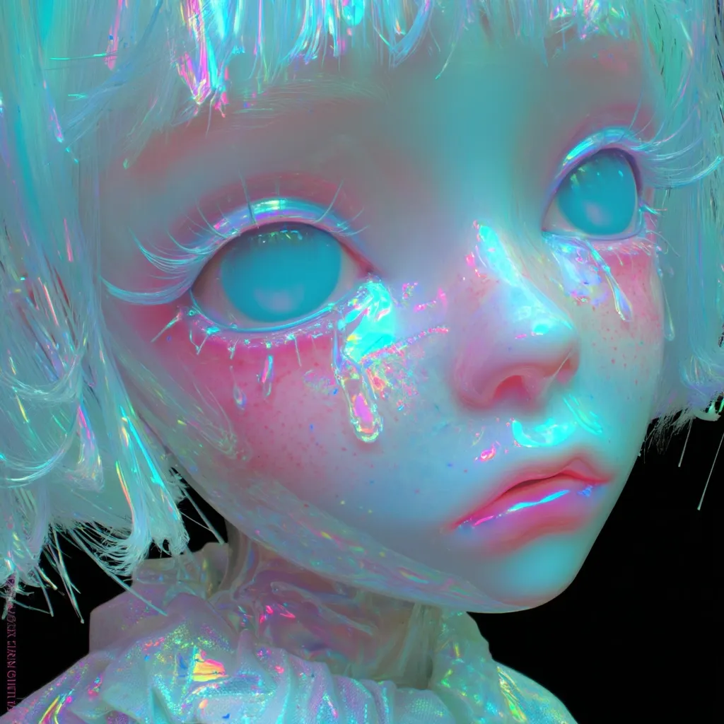 Close-up of a digital rendering of a doll-like face.  The figure has short, iridescent white hair and large, bright teal eyes.  Its skin appears translucent and glossy, with streaks of iridescent color resembling dripping liquid. The overall aesthetic is dreamy, ethereal, and slightly melancholic, with a strong emphasis on vibrant, unrealistic colors.