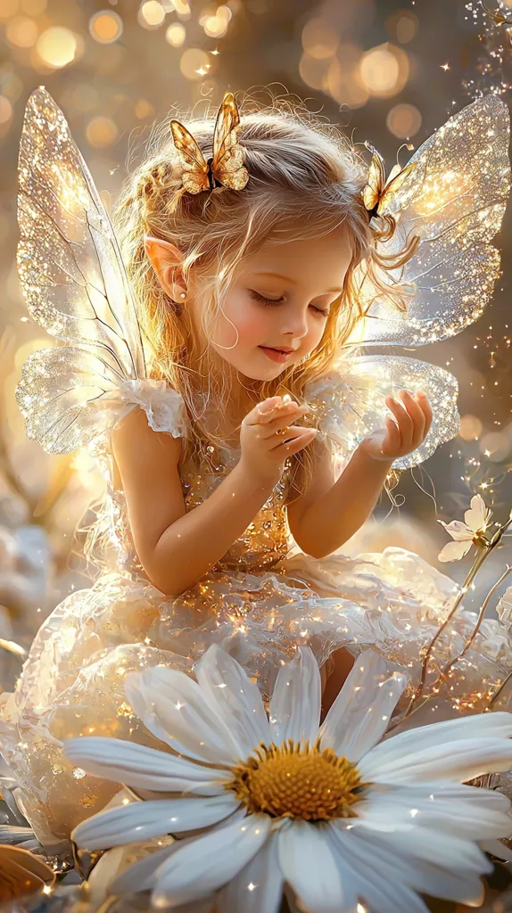 A digital painting of a little girl, adorned with shimmering, gossamer wings, sits amidst a field of daisies.  Her blonde hair is styled with delicate golden butterflies.  She wears a sparkling, white gown and gazes down with a gentle expression, her hands delicately held together. The scene is bathed in soft, warm light, creating a magical and ethereal atmosphere.
