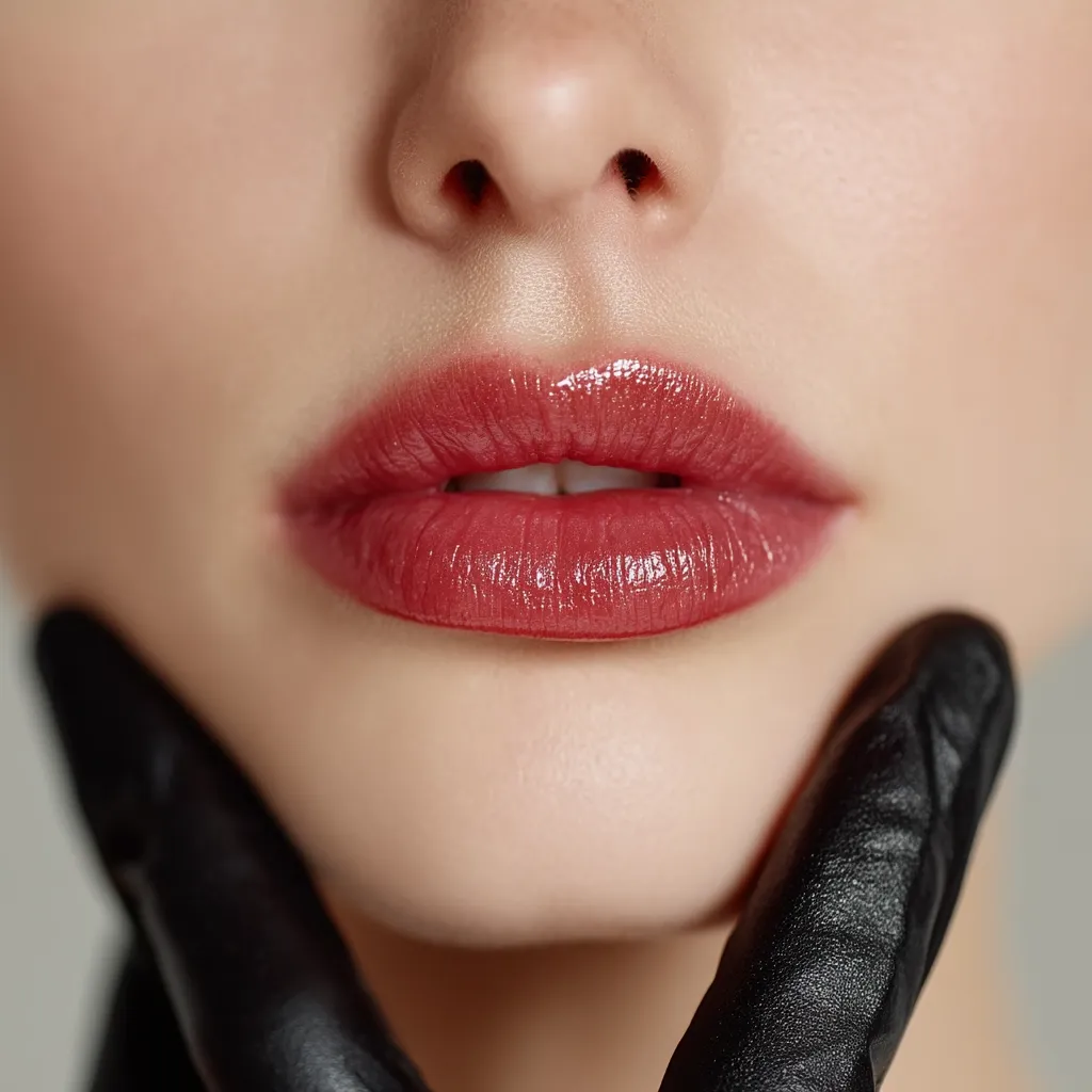 Close-up view of a woman's face, focusing on her perfectly shaped lips adorned with a glossy, deep reddish-brown lipstick.  Her skin is smooth and flawless, and her nose is delicately formed.  The image has a soft, elegant feel, with her hands gently resting on her cheeks, clad in black leather gloves. The overall impression is one of beauty and sophistication.