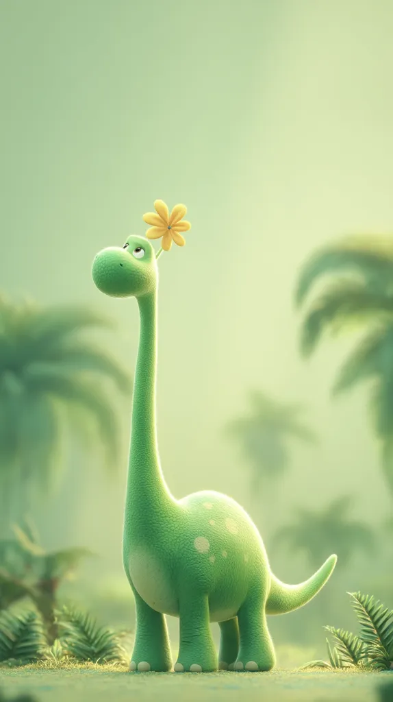 A cute, cartoonish green dinosaur, adorned with a small yellow flower on its head, stands in a serene, pale green prehistoric landscape.  The dinosaur's long neck is elegantly curved, and its body is softly textured.  Palm trees blur gently in the background, creating a peaceful and whimsical atmosphere.