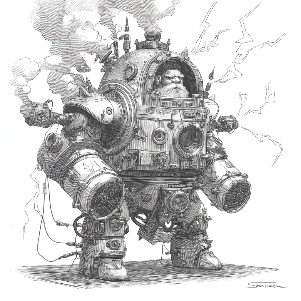 A detailed pencil sketch depicts a steampunk-style mechanized suit piloted by a bearded dwarf.  The intricate design showcases numerous gears, pipes, and cylinders, emitting steam and sparks. The dwarf sits within a spherical cockpit, the entire contraption appearing robust and powerful, with a heavily textured and shadowed aesthetic.  The artist's signature is subtly placed in the bottom right corner.