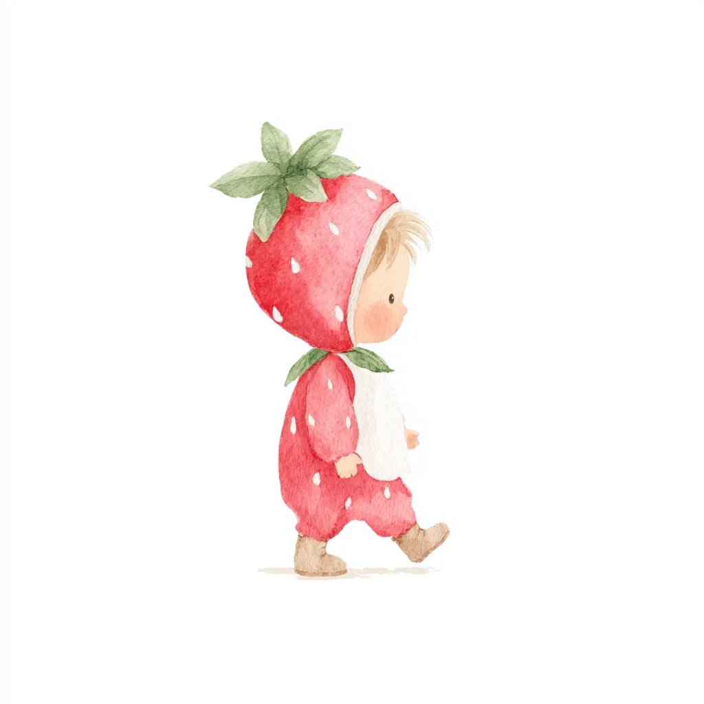 A watercolor illustration of a toddler wearing an adorable strawberry costume.  The child, seen from the side, is walking, their small body completely enveloped in the red, seed-dotted outfit. The strawberry hat features green leaves atop.  The style is sweet and charming, with soft colors and simple lines.